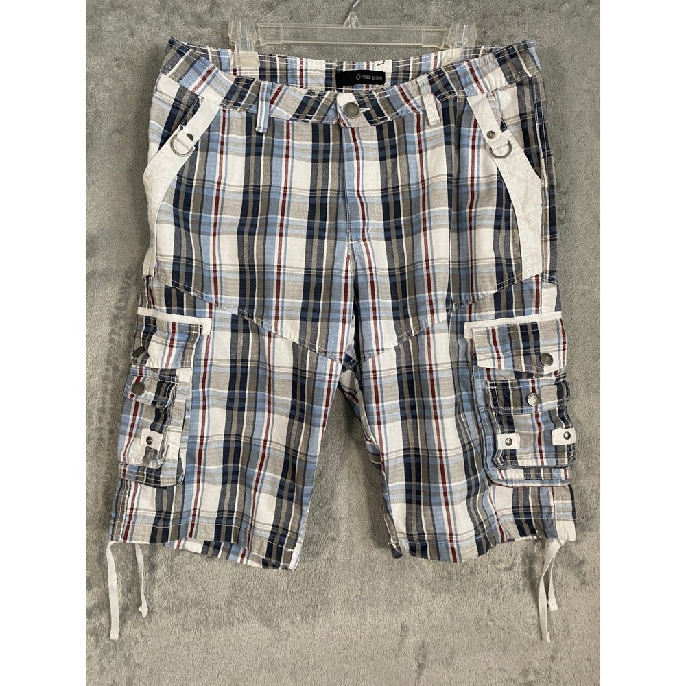 Fried Denim Plaid Cargo Shorts Size 36 Madras Drawstring Hem Ripstop Relaxed Fit